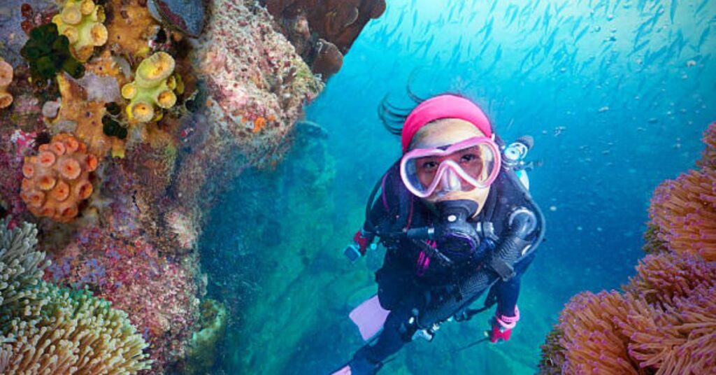  Dive buddies following scuba diving safety rules and using hand signals.
