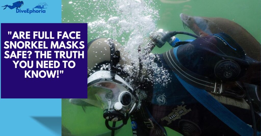 A person snorkeling in clear water wearing a full face snorkel mask